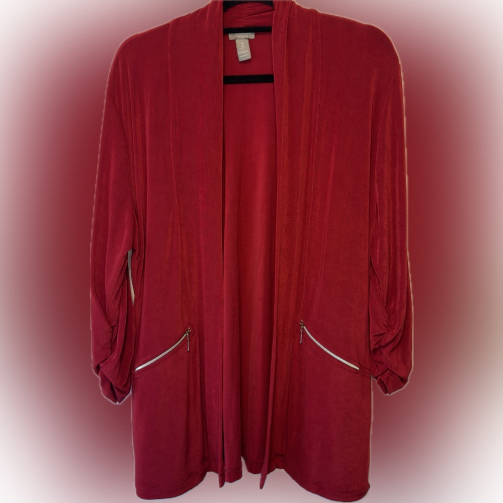 Chico’s Travelers Red  Cardigan, Ruched Sleeves, Pockets, Womens XL (Chicos 3)